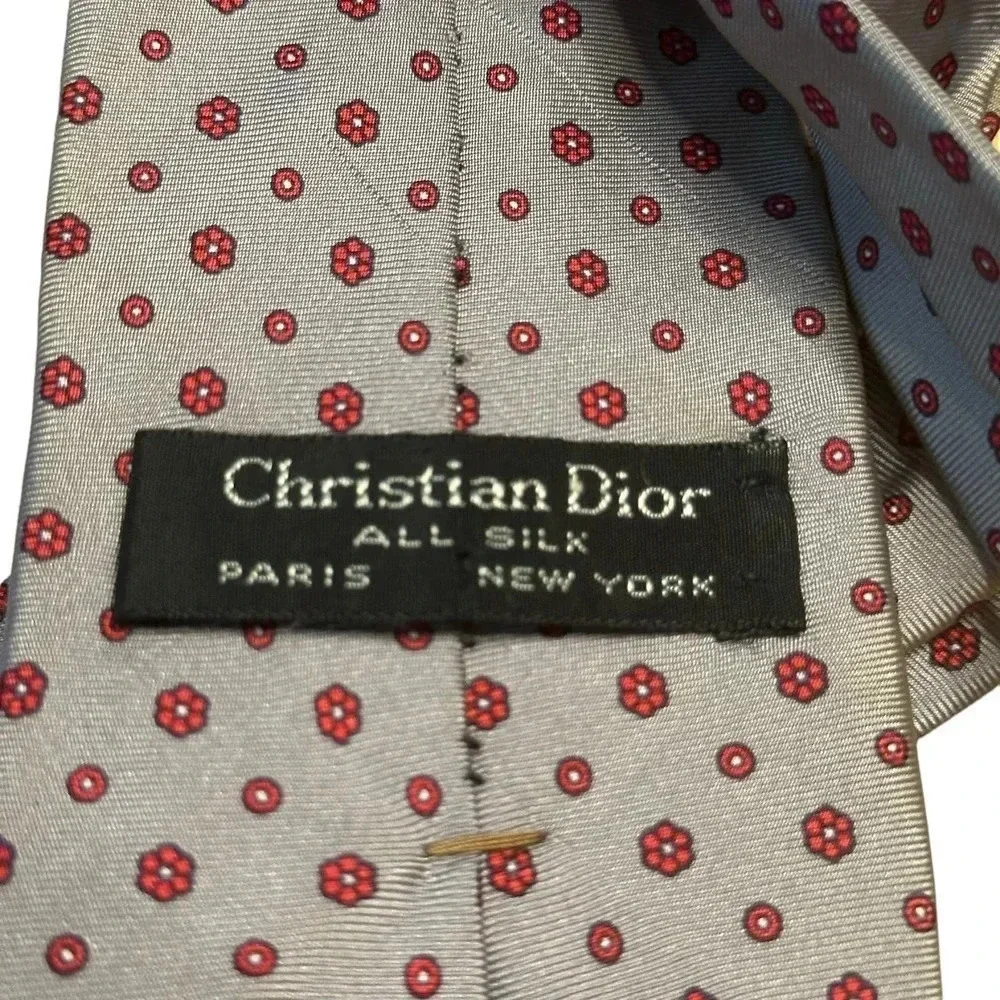 Christian Dior All Silk Men's Gray & Red Polka Dot Tie